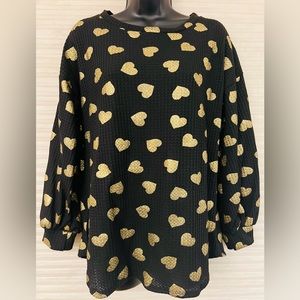 VALENTINE’S Day!
Bibi Black Waffle Knit Top with GOLD METALLIC Hearts SIZE SMALL